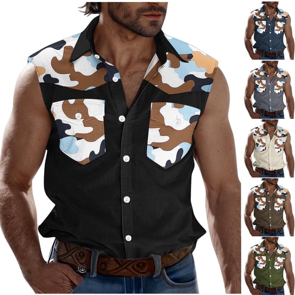 VBTAPA Cargo Tank Tops for Men with Pockets Sleeveless Button Down Collared Shirts Camouflage Print Outdoor Hiking Fishing Tees Top Limited Time Sales Brown XXL