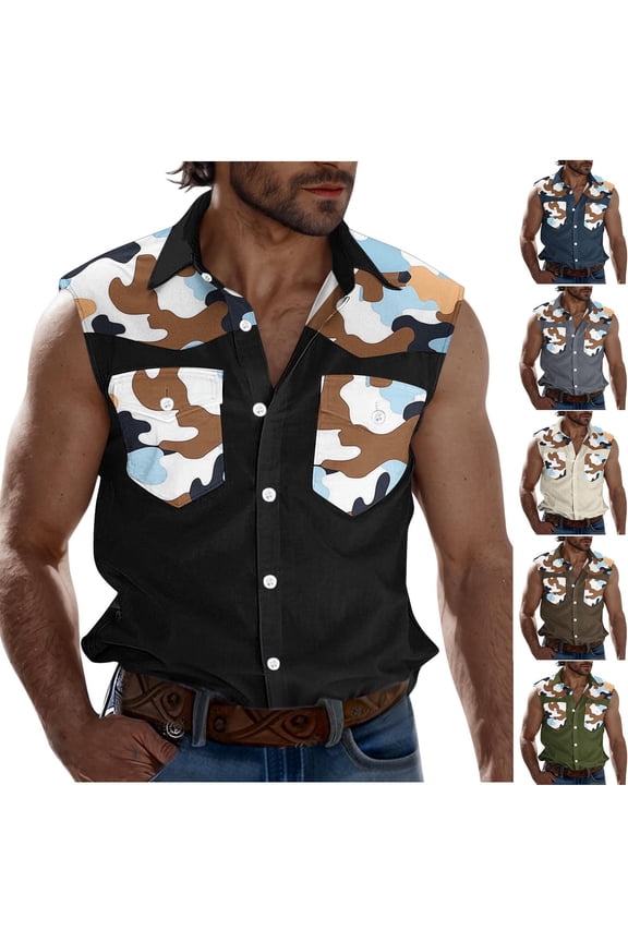 Cargo Tank Tops for Men with Pockets Sleeveless Button Down Collared Shirts Camouflage Print Outdoor Hiking Fishing Tees Top Limited Time Sales Brown XXL