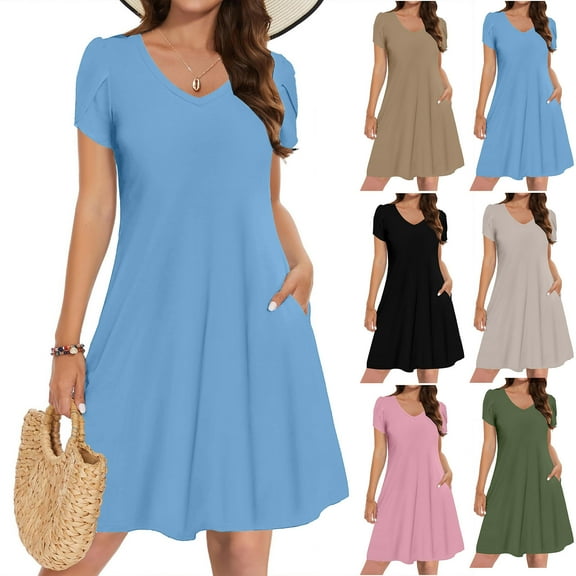 VBTAPA Casual Dresses for Women Petal Short Sleeve V Neck T-Shirt Mini Dress Flowy A-Line Summer Dresses with Pockets Pink S