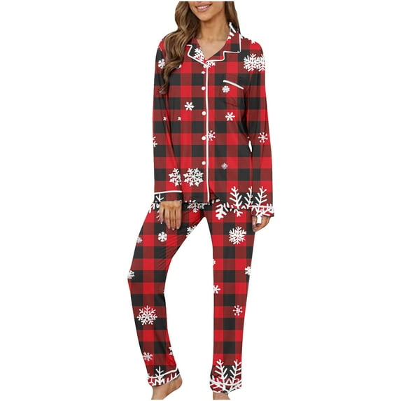 VBTAPA Christmas Pajama Sets for Women Long Sleeve Holiday Sleepwear Button Down Nightwear Soft Pj Loungewear with Pockets Xmas Gift 2024 Deals of the Day Wine M