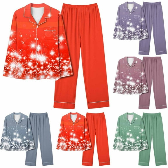 VBTAPA Christmas Pajamas for Women 2 Piece Loungewear Set Xmas Printed Long Sleeve Button Down Shirt Elastic Waist Wide Leg Pants Matching Pjs Sets Holiday Sleepwear Purple L
