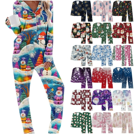 VBTAPA Christmas Pajamas for Women 2 Piece Set Button Down Pj Long Sleeve Shirt and Pants Lounge Sets Fall Winter Sleepwear Xmas Gifts Multicolor XXL