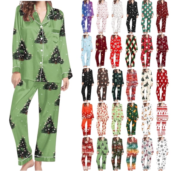 VBTAPA Christmas Pajamas for Women Button Down Shirts and Pants Set Xmas Holiday Sleepwear Soft Nightwear Multicolor M