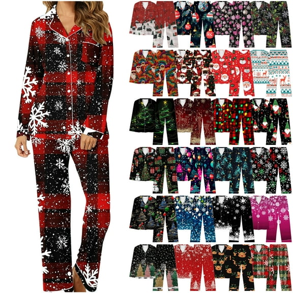 VBTAPA Christmas Santa Pajama Set Women's Long Sleeve Sleepwear Soft Loungewear Two Piece Button Down Pjs Lounge Set Multicolor S