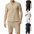 thumbnail image 1 of VBTAPA Clearance Sale! Men's 2 Piece Cotton Linen Sets Summer Beach Outfits Short Sleeve Henley Shirts and Shorts Set Solid Casual Yoga Tracksuit White L, 1 of 6
