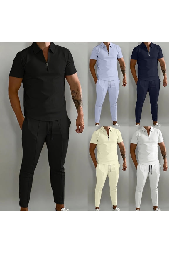 Clearance Sale! Men's Tracksuit 2 Piece Set Quarter Zip Polo Shirt and Pants Sets Summer Casual Jogging Matching Suits with Pockets Light Blue M