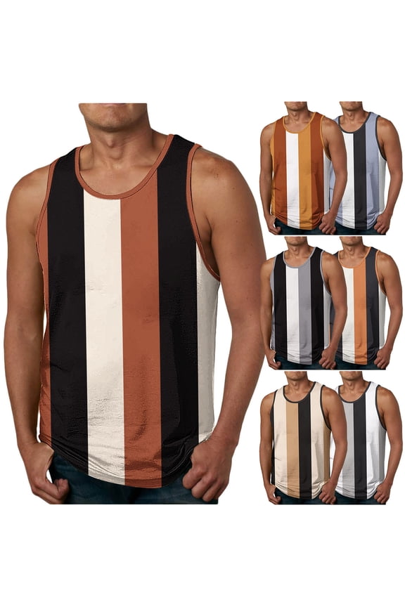 Mens Beach Tank Top Sleeveless Striped Graphic Tee Shirts Summer Vacation Gym Running Workout Tops Brown M