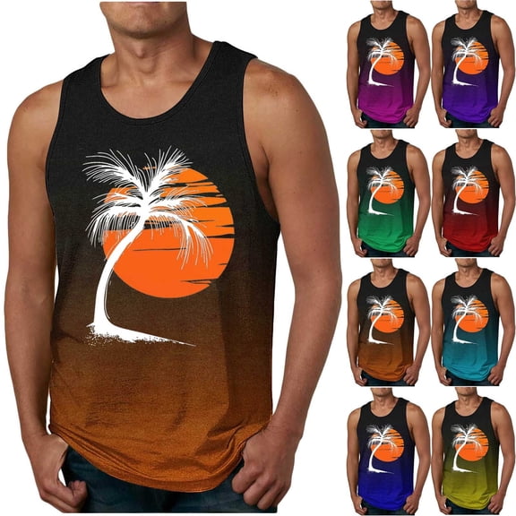 VBTAPA Mens Hawaiian Beach Tank Top Sleeveless Coconut Tree Sunset Graphic Tees Summer Casual Aloha Tops Sky Blue M