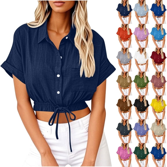 VBTAPA Cotton Linen Crop Tops for Women V Neck Plain Short Sleeve Button Down Blouses Casual Fashion Drawstring Hem Shirts Khaki L