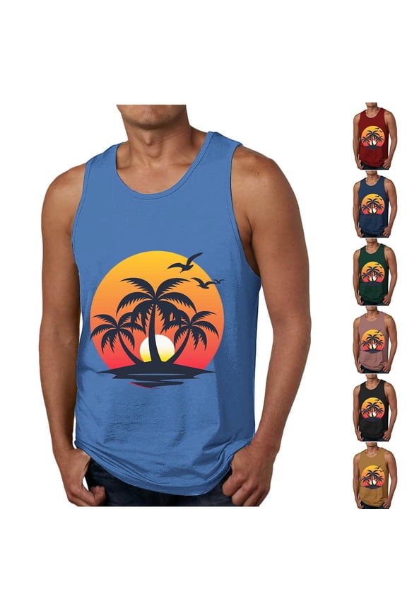 Mens Beach Tank Top Sleeveless Palm Tree Graphic Tees Tropical Summer Vacation Tops Red XXL