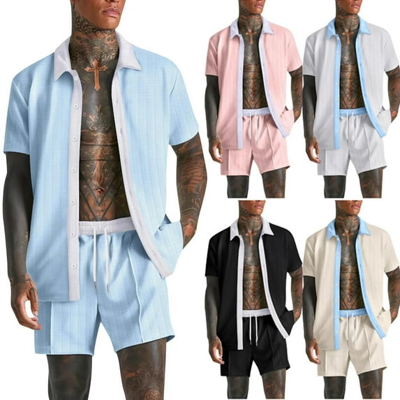 VBTAPA Clearance Sales Today! Summer Outfits for Men 2 Piece Short Sleeve Button Down Shirt & Shorts Set Color Block Casual Vacation Beach Tracksuit Beige XXL
