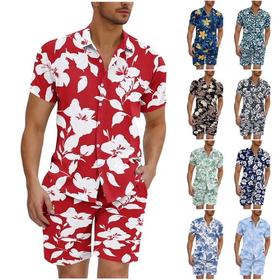 VBTAPA Men's Vacation Beach Outfits 2 Piece Shorts Set Floral Hawaiian Button Down Shirt and Shorts Matching Sets Green XXL