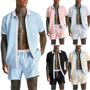 VBTAPA Clearance Today Prime! Summer Outfits for Men 2 Piece Short Sleeve Button Down Shirt & Shorts Set Color Block Casual Vacation Beach Tracksuit Beige XL