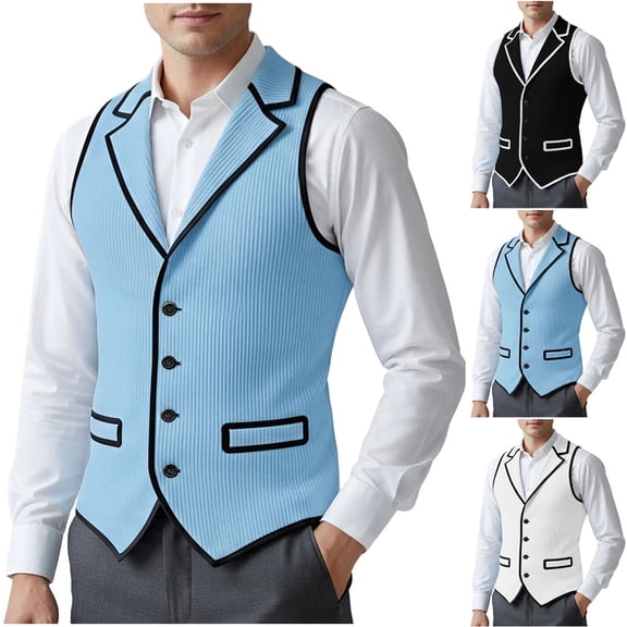 VBTAPA Corduroy Vests for Men Sleeveless V Neck Button Down Cardigan Vest Business Wedding Waistcoat White S