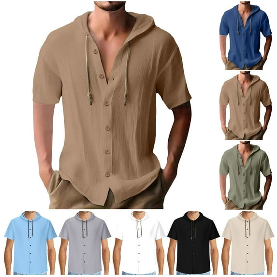 VBTAPA Cotton Hoodie for Mens Short Sleeve Button Down Shirt Breathable Summer Casual Beach Hoodies White M