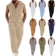 thumbnail image 1 of VBTAPA Cotton Linen 2 Piece Sets for Men Button Down Sleeveless Hoodie Shirts and Pants Lounge Matching Set Loose Fit Casual Vacation Outfits Army Green XL, 1 of 9