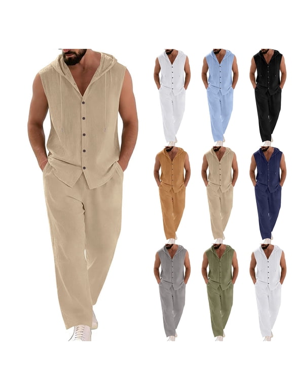 Cotton Linen 2 Piece Sets for Men Button Down Sleeveless Hoodie Shirts and Pants Lounge Matching Set Loose Fit Casual Vacation Outfits Army Green XL
