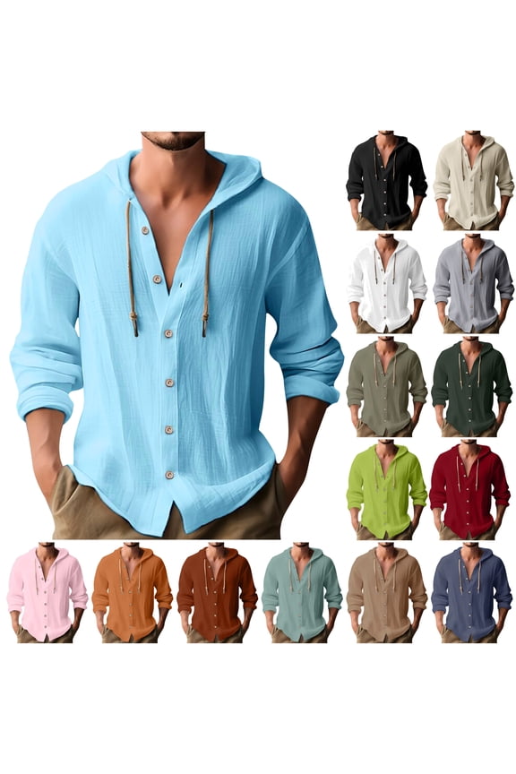 Cotton Linen Hoodies for Summer Men Long Sleeve Button Down Hooded Shirts Drawstring Casual Beach T Shirts Camisas Con Capucha para Hombres White XL