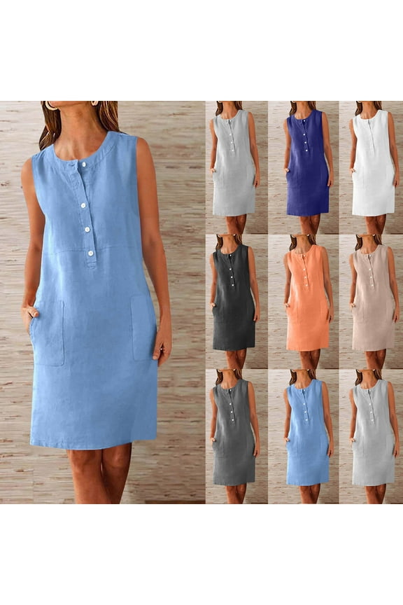 Cotton Linen Mini Dresses for Women Wear to Work Casual Summer Button Up Crewneck Sleeveless Tunic Dress Black L