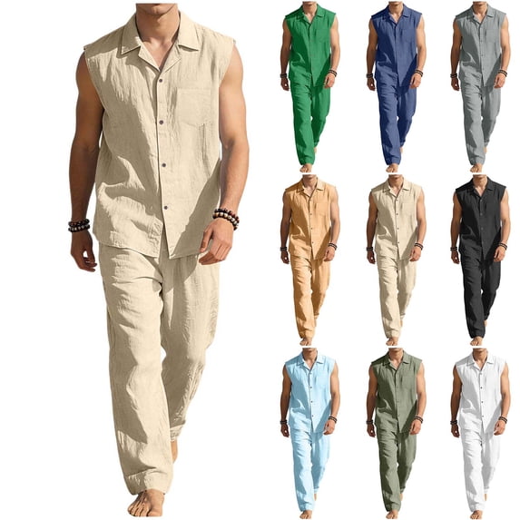 VBTAPA Cotton Linen Sets for Men 2 Piece Outfits Casual Button Down Shirts and Pants Matching Set Summer Beach Vacation Resort Wear Light Blue XXXL