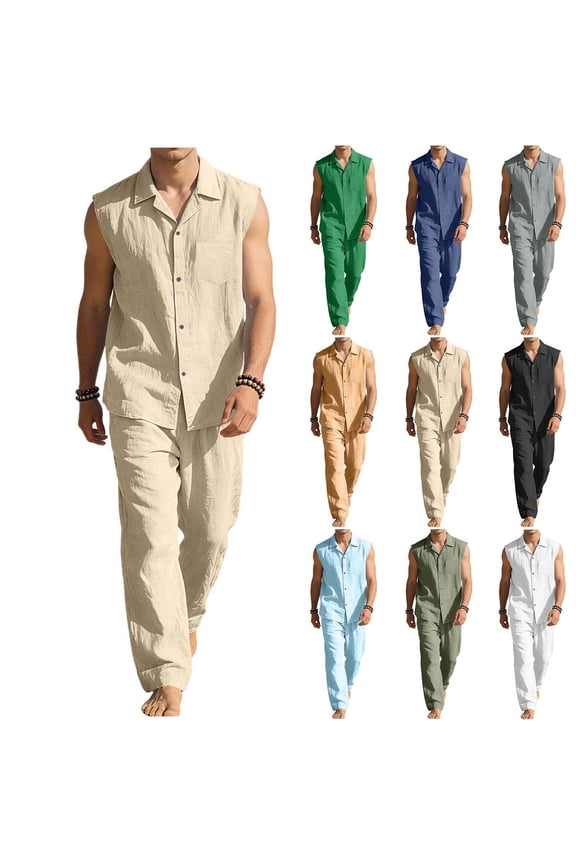 Cotton Linen Sets for Men 2 Piece Outfits Casual Button Down Shirts and Pants Matching Set Summer Beach Vacation Resort Wear Yellow S
