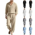 thumbnail image 1 of VBTAPA Cotton Linen Sets for Men Long Sleeve Button Down Shirt and Drawstring Wide Leg Pants 2 Piece Set Summer Casual Beach Vacation Outfits Gray L, 1 of 9
