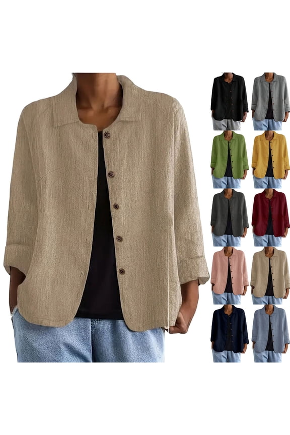 VBTAPA Cotton Linen Shirt Jacket for Women Long Sleeve Button Down Shacket Loose Casual Lapel Collar Cardigan Shirts Light Blue S