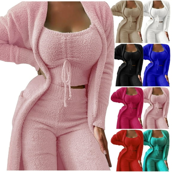 VBTAPA Cozy Pajama Sets for Women 3 Piece Loungewear Outfits Fuzzy Fleece Lounge Set Cropped Tank Top Long Cardigan with Pants Matching Sets Pink L
