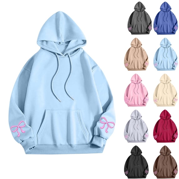 VBTAPA Cute Hoodies for Women Trendy Bow Graphic Printed Hooded Sweatshirts Drawstring Long Sleeve Casual Pullover Tops with Pocket Brown M