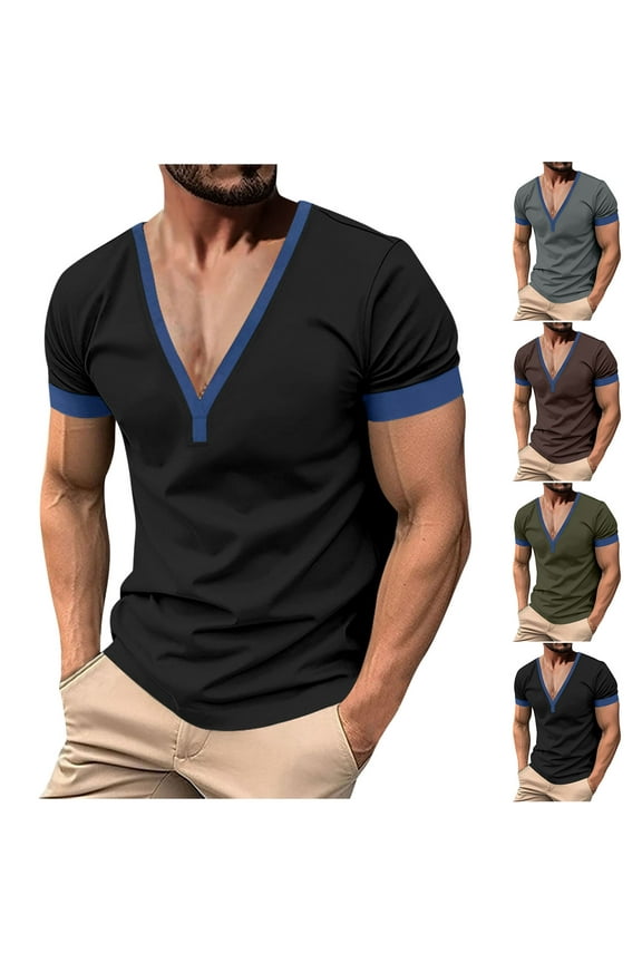 Deep V Neck T Shirt for Men Low Cut Vneck Tee Slim Fit Short Sleeve Casual Workout Shirts Summer Hipster Tops Brown L