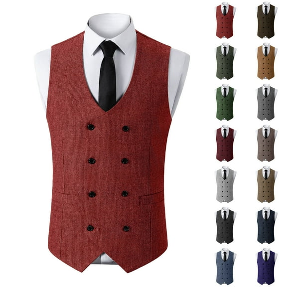 VBTAPA Double Breasted Suit Vest Men Business Casual Button Down Waistcoat Slim Fit Suit Vests for Wedding Groomsmen Dark Blue XS