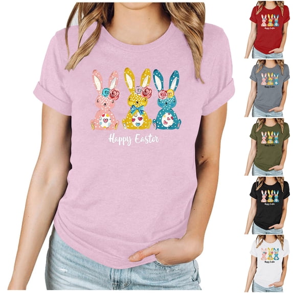 VBTAPA Easter Bunny T Shirt Womens Cute Rabbit Graphic Tee Shirts Trendy Casual Short Sleeve Crewneck Tops Flash Sales Gray XL