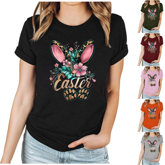 VBTAPA Easter Day Shirts Womens Bunny Eggs Printed T-Shirt Short Sleeve Crewneck Graphic Tee Tops Gifts for Teen Girls Prime Sales Today Gray XXXL