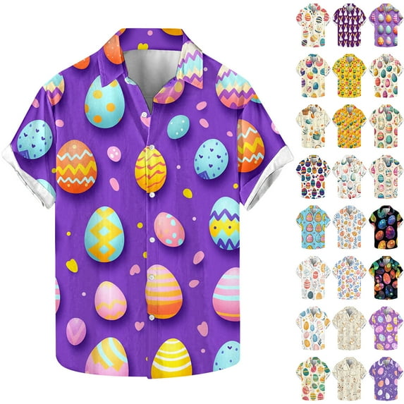 VBTAPA Easter Hawaiian Bowling Shirts for Men Funny Bunny Egg Printed Christian Religious Faith T-Shirts Summer Beach Shirts Lightning Sales Multicolor L