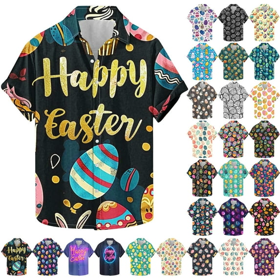 VBTAPA Easter Mens Hawaiian Shirt Cute Bunny Print Button Down Shirts Short Sleeve Easter Sunday Shirt Holiday Blouse Tops on Sale Multicolor XXXXL