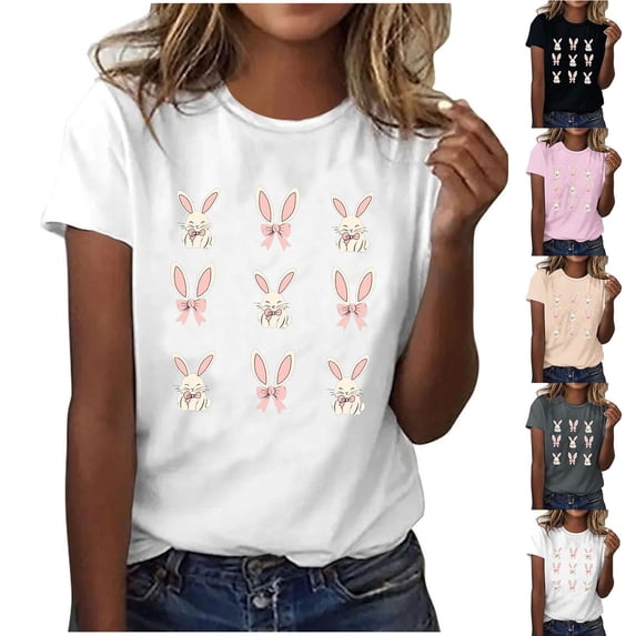 VBTAPA Easter T Shirts for Women Short Sleeve Crewneck Tops Novelty Funny Bunny Printed Graphic Tees Casual Holiday Tee Blouse Limited Time Sales Black S