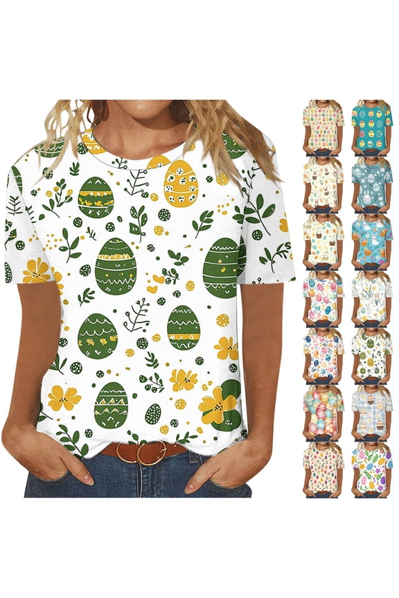 Easter T Shirts for Women Short Sleeve Crewneck Tops Novelty Funny Bunny Printed Graphic Tees Casual Holiday Tee Blouse Limited Time Sales Multicolor XXL
