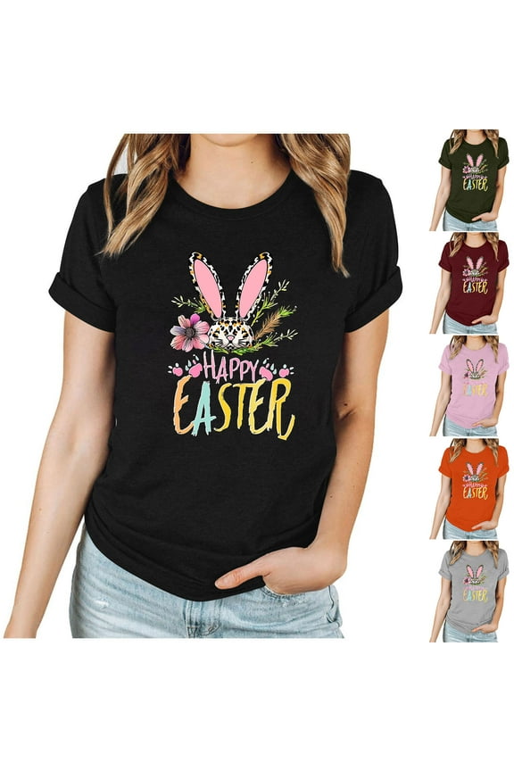 Easter T Shirts for Women Short Sleeve Crewneck Tops Novelty Funny Bunny Printed Graphic Tees Casual Holiday Tee Blouse Wine L