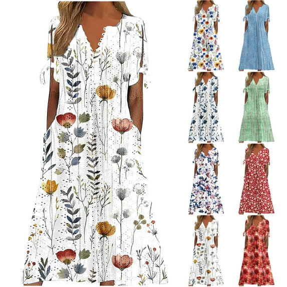 VBTAPA Eyelet Dress for Women Boho Floral Summer Dresses Henley Neck Short Sleeve Midi Dress Casual Vacation Dresses Blue XL