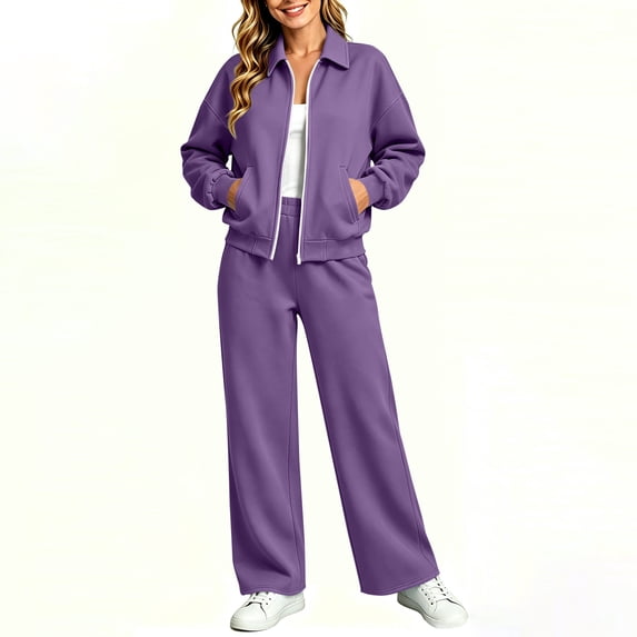 VBTAPA Fall Tracksuits for Women Lapel Collar Zip Up Jacket and Wide Leg Pants Sweatsuits 2 Piece Set Fashion Casual Sports Outfits L