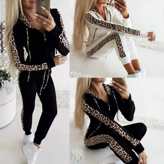 VBTAPA Fall Trendy Outfits for Women 2 Piece Casual Tracksuit Long Sleeve Zip Up Hoodie and Matching Pants Set Leopard Patchwork Sweatsuit Sets with Pockets Sales Today Clearance Pink XL