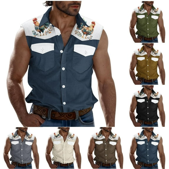 VBTAPA Fashion Cargo Shirts for Men, Mens Trendy Casual Color Block Blouse Shirt Sleeveless Button Down Shirts Summer Lapel T Shirt Sales of Today Khaki XXXL