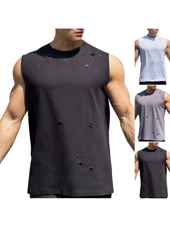 Father's Day Gifts Men's Ripped Tank Tops Distressed Crewneck Sleeveless Shirts Solid Color Athletic Workout Muscle Tee Shirt Black XL