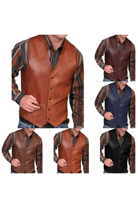 Faux Leather Vest for Men Motorcycle Steampunk Waistcoat Western Cowboy Party Dress Gilet Black XXL