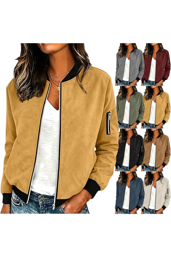 VBTAPA Faux Suede Jacket Women Lightweight Oversized Zip Up Bomber Jacket 2026 Casual Long Sleeve Cropped Coat Vintage Streetwear Brown S