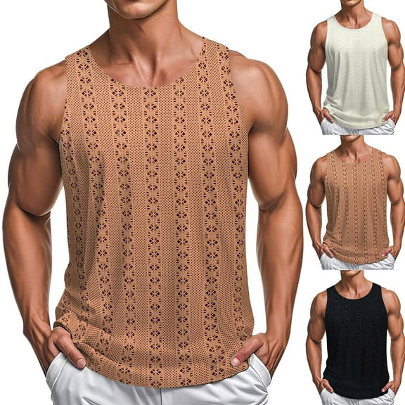 VBTAPA Men Knitted Tank Tops Sleeveless Hollow Out Crochet T-Shirts Summer Casual Beach Vacation Shirts Trendy Clothes Black XL