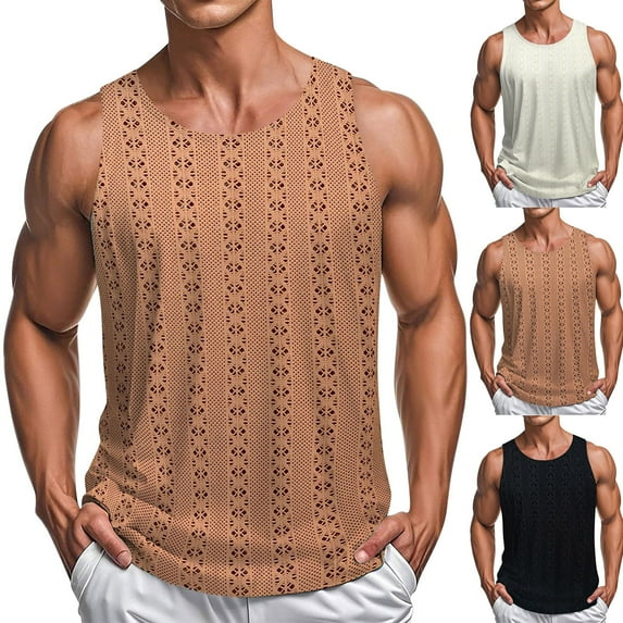 VBTAPA Men Knitted Tank Tops Sleeveless Hollow Out Crochet T-Shirts Summer Casual Beach Vacation Shirts Trendy Clothes Black XL