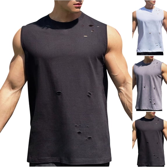VBTAPA Men's Ripped Tank Tops Distressed Crewneck Sleeveless Shirts Solid Color Athletic Workout Muscle Tee Shirt Black XXXL