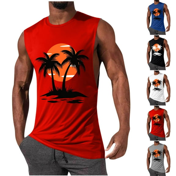 VBTAPA Birthday Gifts! Mens Graphic Tank Tops Palm Tree Sunset Print Sleeveless Cut Off Shirts Cotton Casual Workout Muscle Tees Gray L