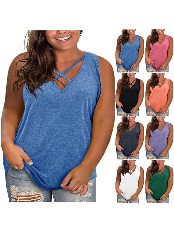 Plus Size Tank Tops for Women Sleeveless V Neck T-Shirts Casual Loose Cotton Blend Tees Dark Gray L